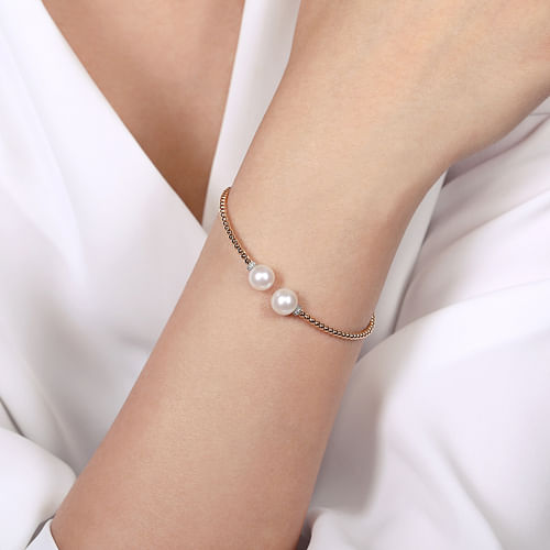 14K Rose Gold Bujukan Bead Split Bracelet with Pearl and Diamond Caps