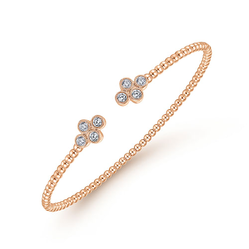 14K Rose Gold Bujukan Bead Split Cuff Bracelet with Quatrefoil Diamond Endcaps