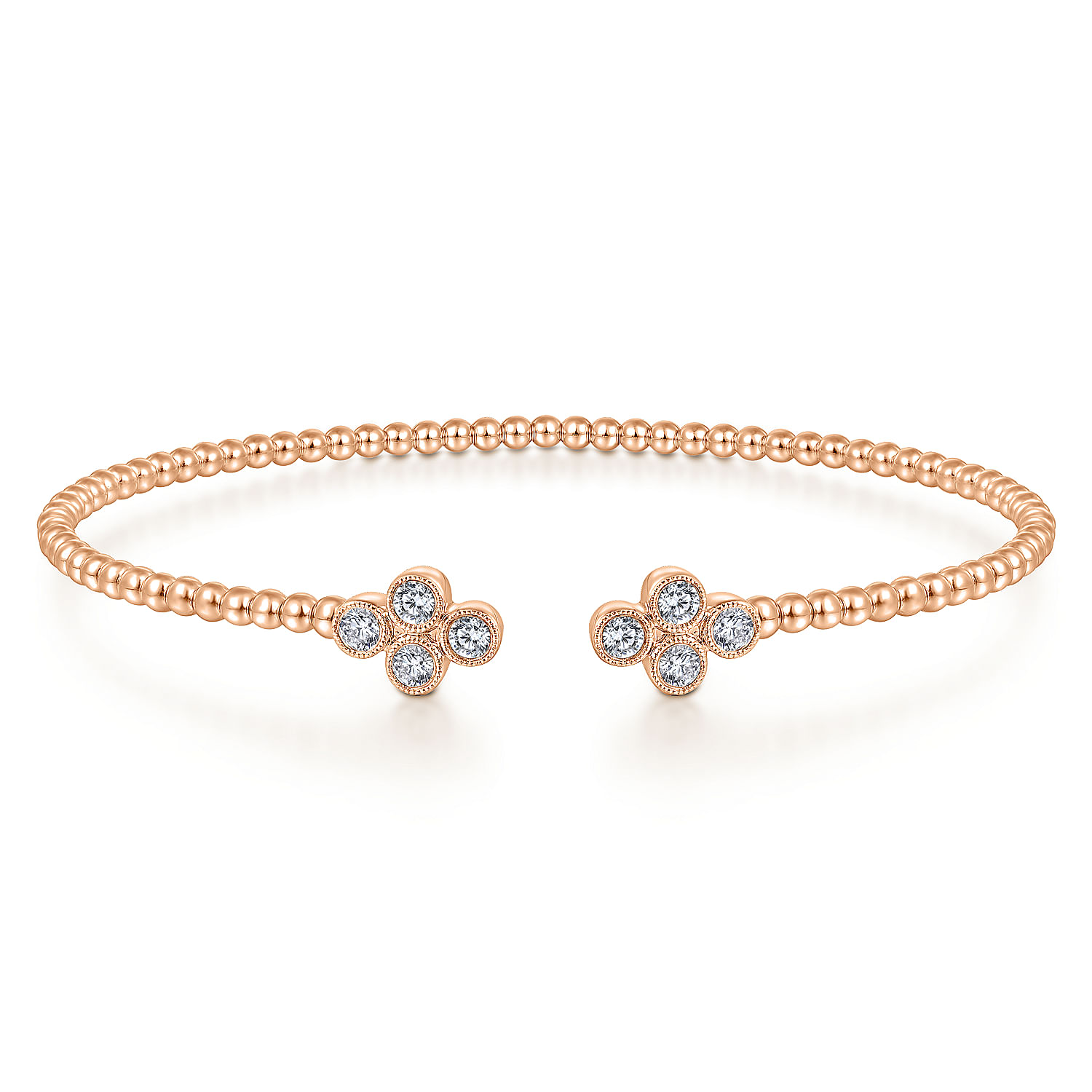 14K Rose Gold Bujukan Bead Split Cuff Bracelet with Quatrefoil Diamond Endcaps