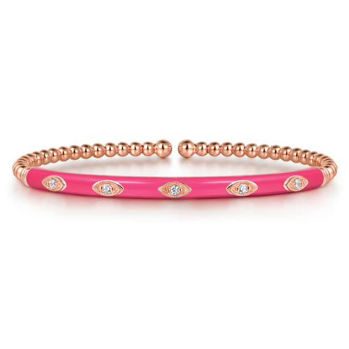 14K Rose Gold Bujukan Beads and Diamond Split Bangle with Fuchsia Enamel