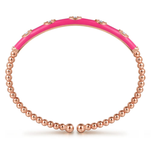 14K Rose Gold Bujukan Beads and Diamond Split Bangle with Fuchsia Enamel