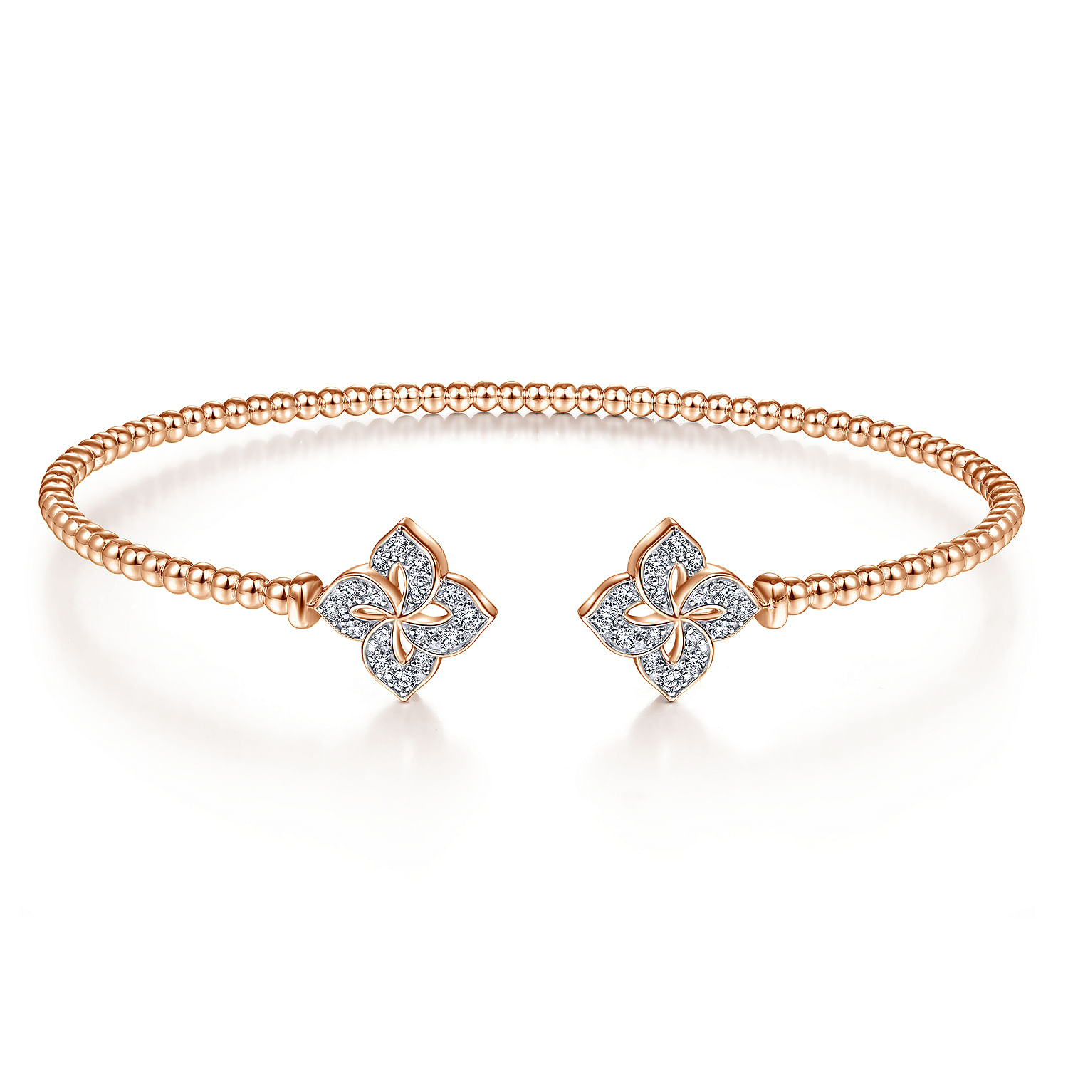 14K Rose Gold Bujukan Split Cuff Bracelet with Diamond Flower Caps
