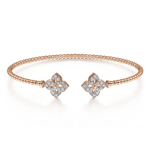 14K Rose Gold Bujukan Split Cuff Bracelet with Diamond Flower Caps