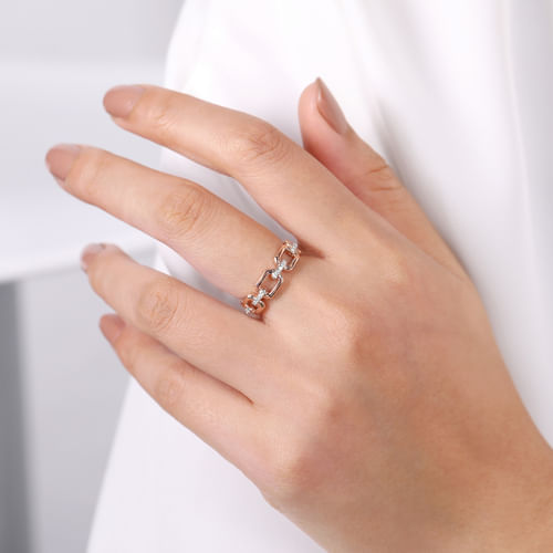 14K Rose Gold Chain Link Ring Band with Diamond Connectors