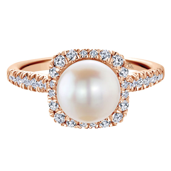Gabriel - 14K Rose Gold Classic Cultured Pearl and Diamond Halo Ring