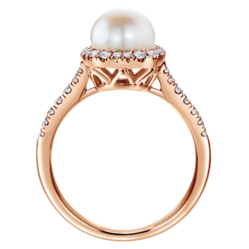 14K Rose Gold Classic Cultured Pearl and Diamond Halo Ring