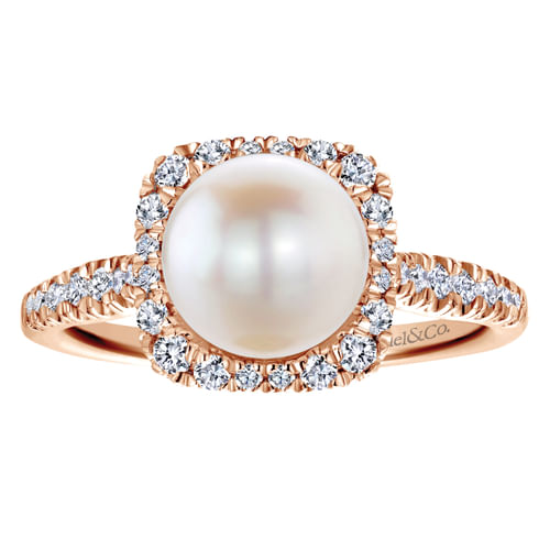 14K Rose Gold Classic Cultured Pearl and Diamond Halo Ring