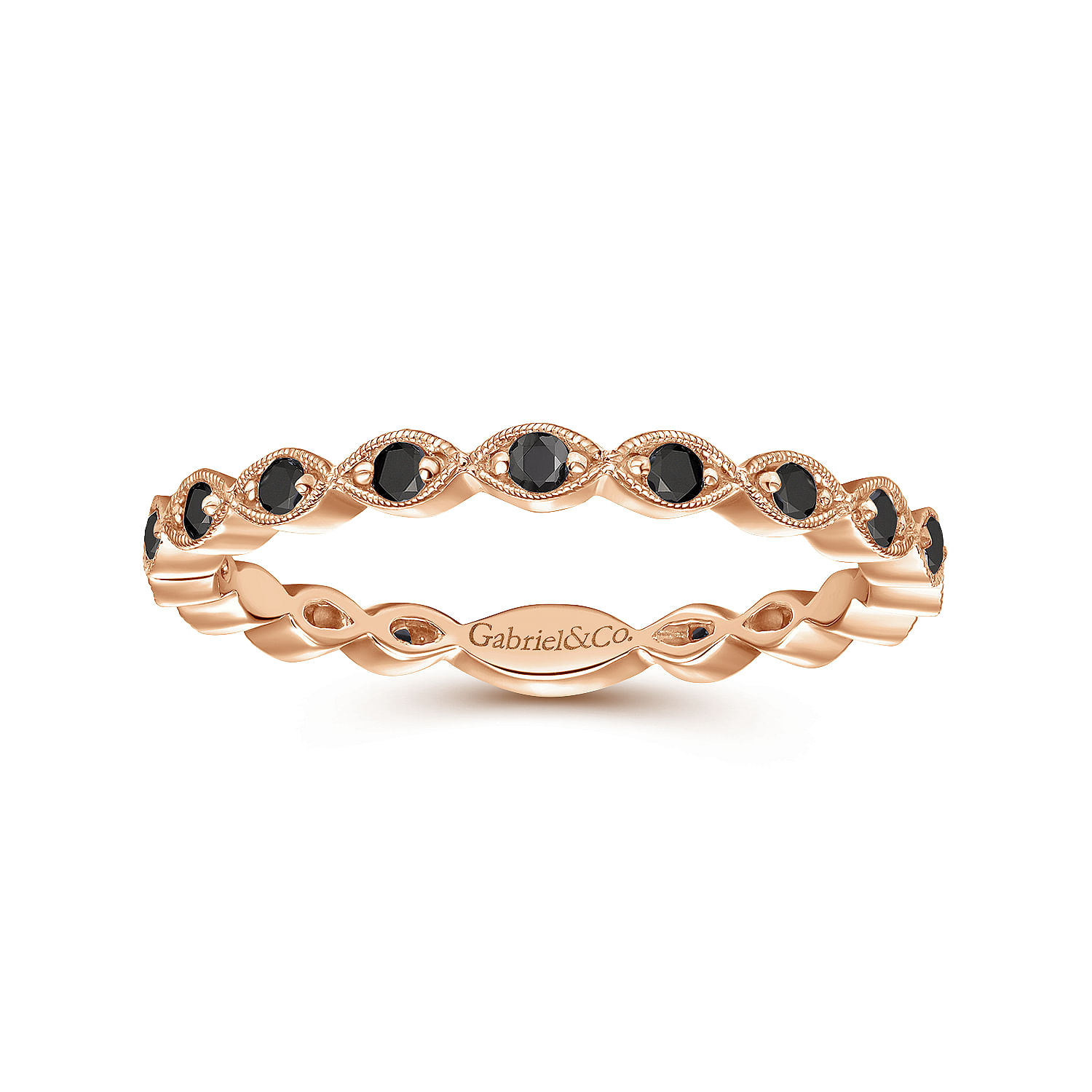 14K Rose Gold Contoured Marquise Station Black Diamond Stackable Ring