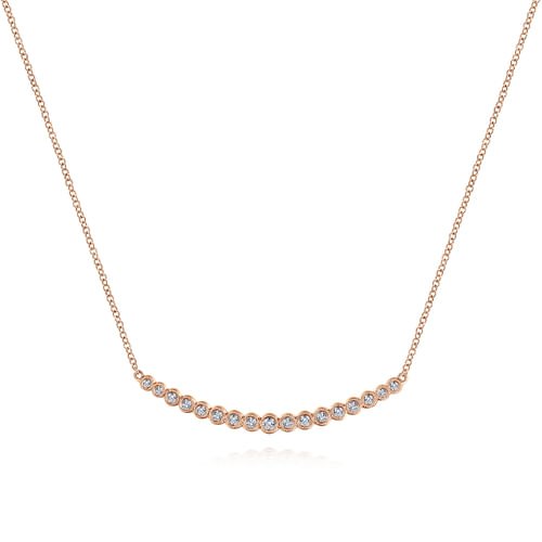 14K Rose Gold Curved Bar Necklace with Bezel Set Round Diamonds