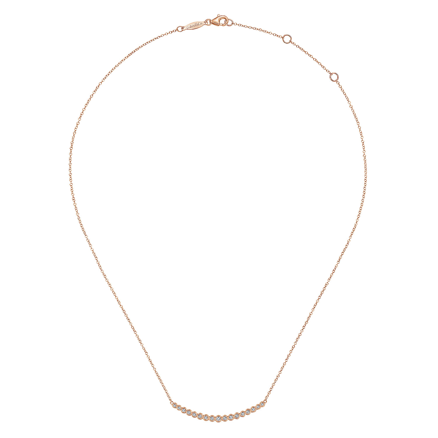 14K Rose Gold Curved Bar Necklace with Bezel Set Round Diamonds