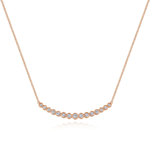 14K Rose Gold Curved Bar Necklace with Bezel Set Round Diamonds