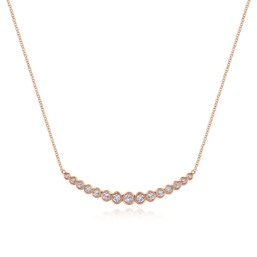 14K Rose Gold Curved Bar Necklace with Bezel Set Round Diamonds