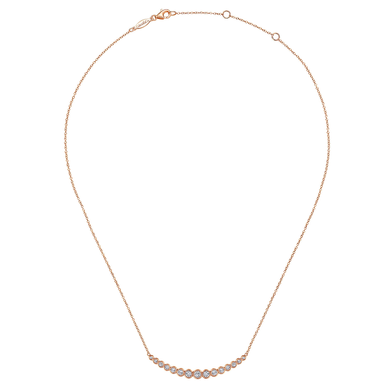 14K Rose Gold Curved Bar Necklace with Bezel Set Round Diamonds