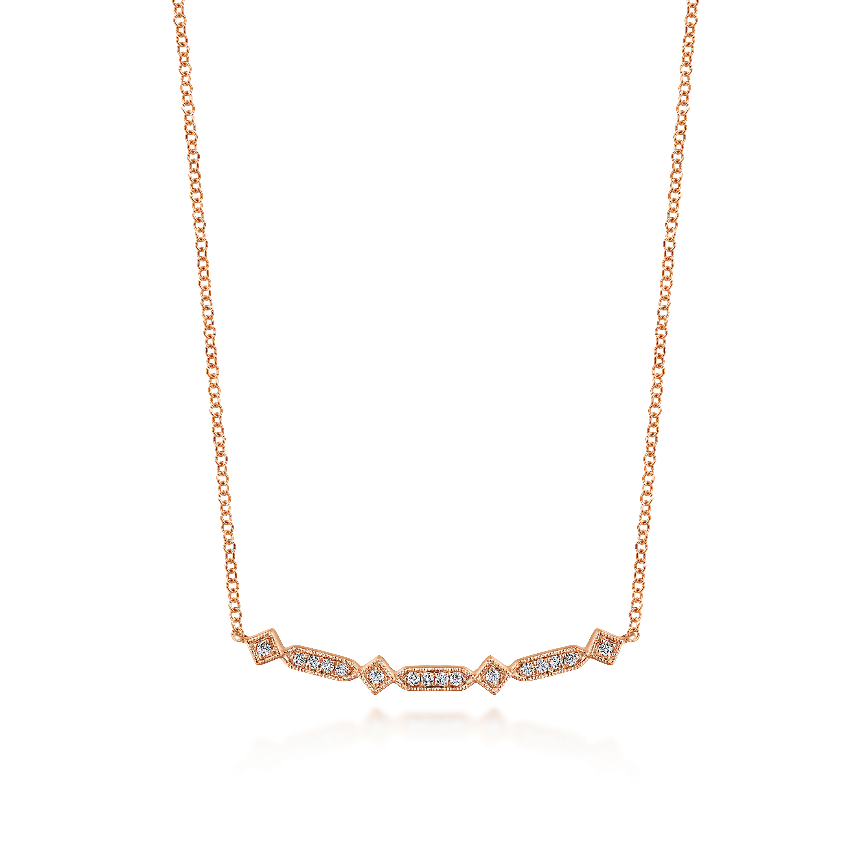 14K Rose Gold Curved Geometric Diamond Bar Necklace
