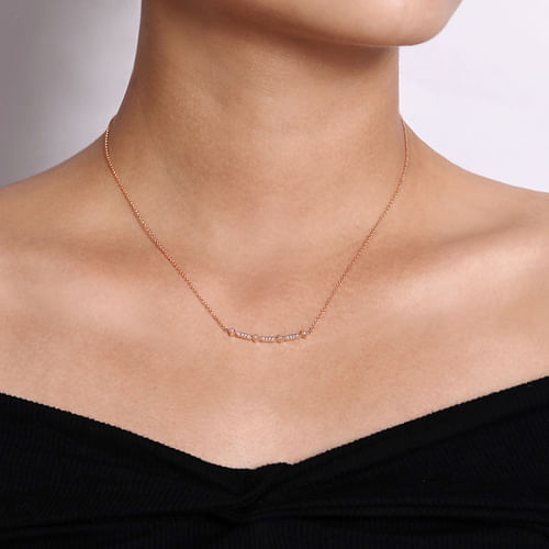 14K Rose Gold Curved Geometric Diamond Bar Necklace