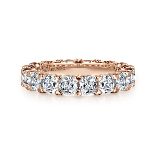14K Rose Gold Cushion Cut Diamond Eternity Band with Heart Prongs 14K Rose Gold Cushion Cut Diamond Eternity Band with Heart Prongs