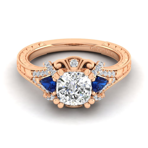 14K Rose Gold Cushion Cut Sapphire and Diamond Engagement Ring