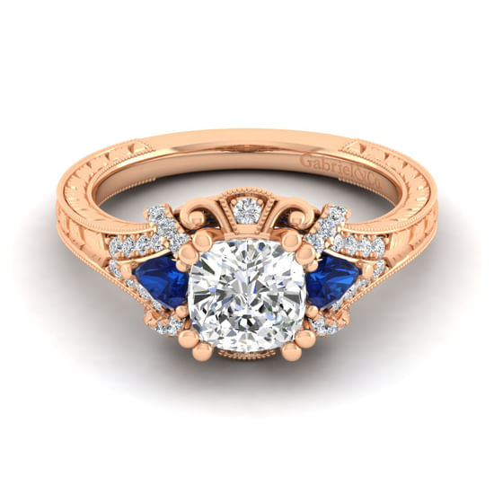 Gabriel - 14K Rose Gold Cushion Cut Sapphire and Diamond Engagement Ring