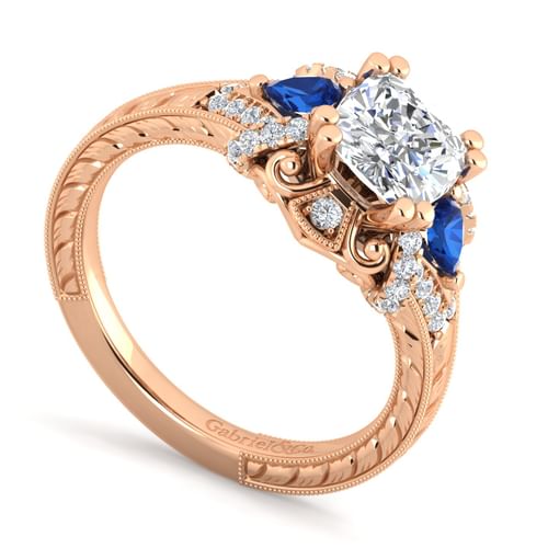 14K Rose Gold Cushion Cut Sapphire and Diamond Engagement Ring