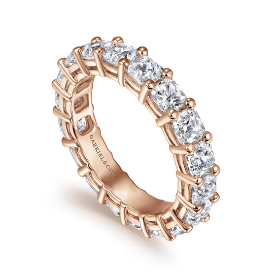 14K Rose Gold Cushion Cut Shared Prong Diamond Eternity Band angle 3 14K Rose Gold Cushion Cut Shared Prong Diamond Eternity Band angle 3
