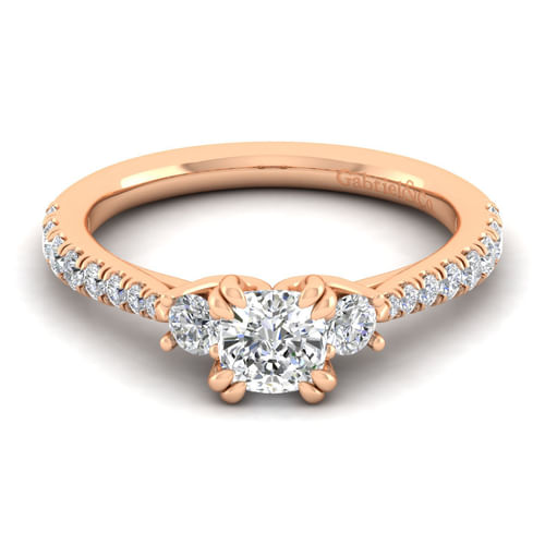 14K Rose Gold Cushion Cut Three Stone Diamond Engagement Ring