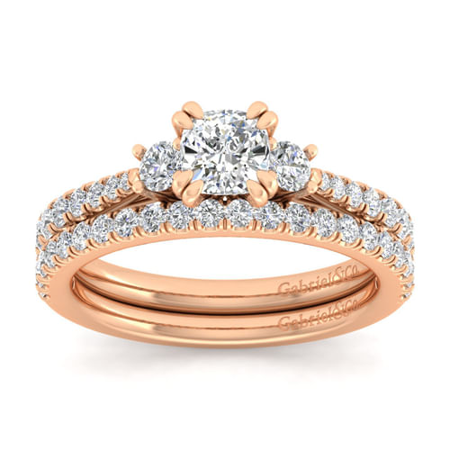 14K Rose Gold Cushion Cut Three Stone Diamond Engagement Ring