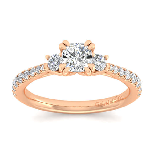 14K Rose Gold Cushion Cut Three Stone Diamond Engagement Ring