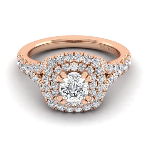 14K Rose Gold Cushion Double Halo Diamond Engagement Ring