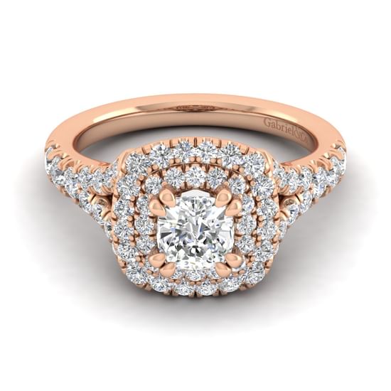 Gabriel - 14K Rose Gold Cushion Double Halo Diamond Engagement Ring