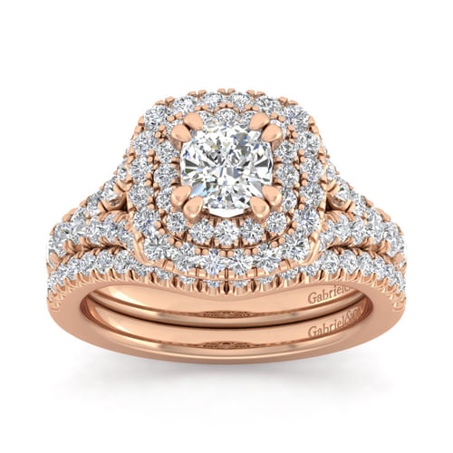 14K Rose Gold Cushion Double Halo Diamond Engagement Ring