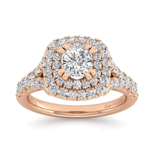 14K Rose Gold Cushion Double Halo Diamond Engagement Ring