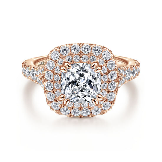 Gabriel - 14K Rose Gold Cushion Double Halo Diamond Engagement Ring