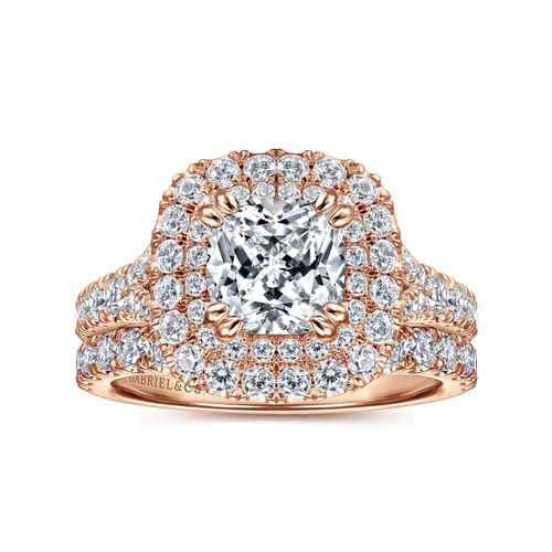 14K Rose Gold Cushion Double Halo Diamond Engagement Ring