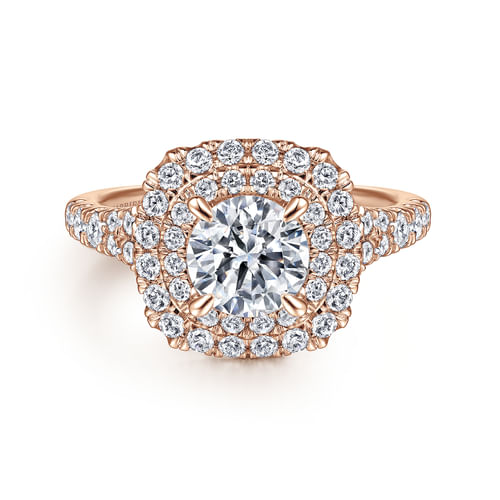 14K Rose Gold Cushion Double Halo Round Diamond Engagement Ring