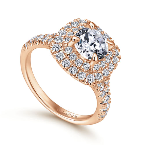 14K Rose Gold Cushion Double Halo Round Diamond Engagement Ring