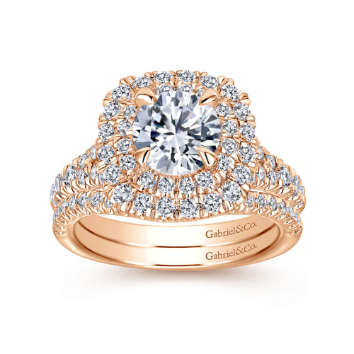14K Rose Gold Cushion Double Halo Round Diamond Engagement Ring
