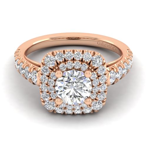 14K Rose Gold Cushion Double Halo Round Diamond Engagement Ring