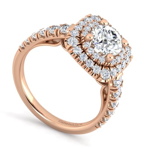 14K Rose Gold Cushion Double Halo Round Diamond Engagement Ring