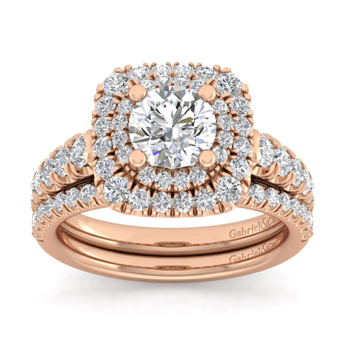14K Rose Gold Cushion Double Halo Round Diamond Engagement Ring