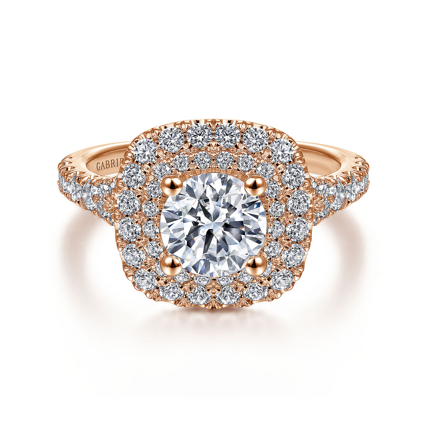 Gabriel - 14K Rose Gold Cushion Double Halo Round Diamond Engagement Ring
