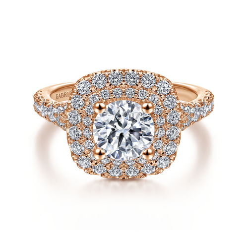 14K Rose Gold Cushion Double Halo Round Diamond Engagement Ring