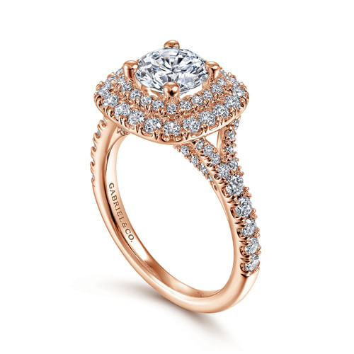 14K Rose Gold Cushion Double Halo Round Diamond Engagement Ring