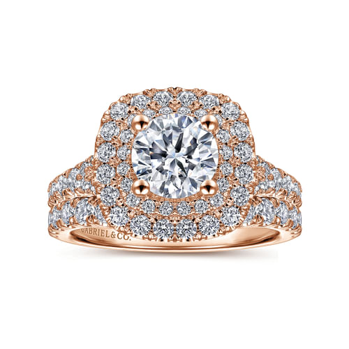 14K Rose Gold Cushion Double Halo Round Diamond Engagement Ring