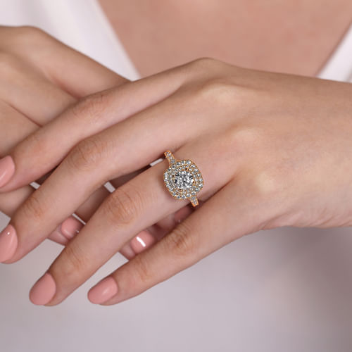 14K Rose Gold Cushion Double Halo Round Diamond Engagement Ring