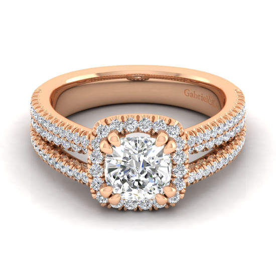 Gabriel - 14K Rose Gold Cushion Halo Diamond Engagement Ring