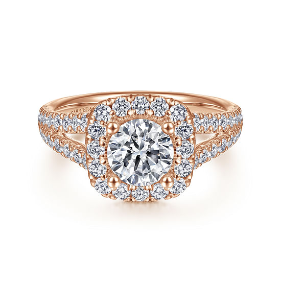 Gabriel - 14K Rose Gold Cushion Halo Round Diamond Engagement Ring