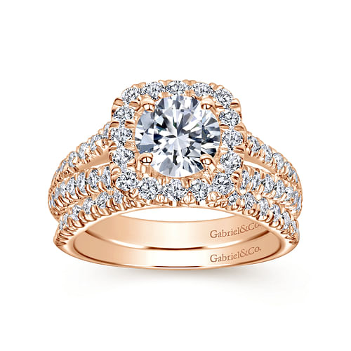 14K Rose Gold Cushion Halo Round Diamond Engagement Ring