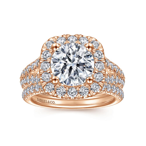 14K Rose Gold Cushion Halo Round Diamond Engagement Ring