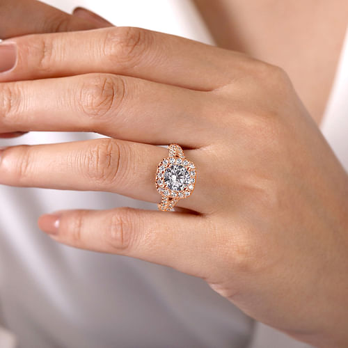14K Rose Gold Cushion Halo Round Diamond Engagement Ring