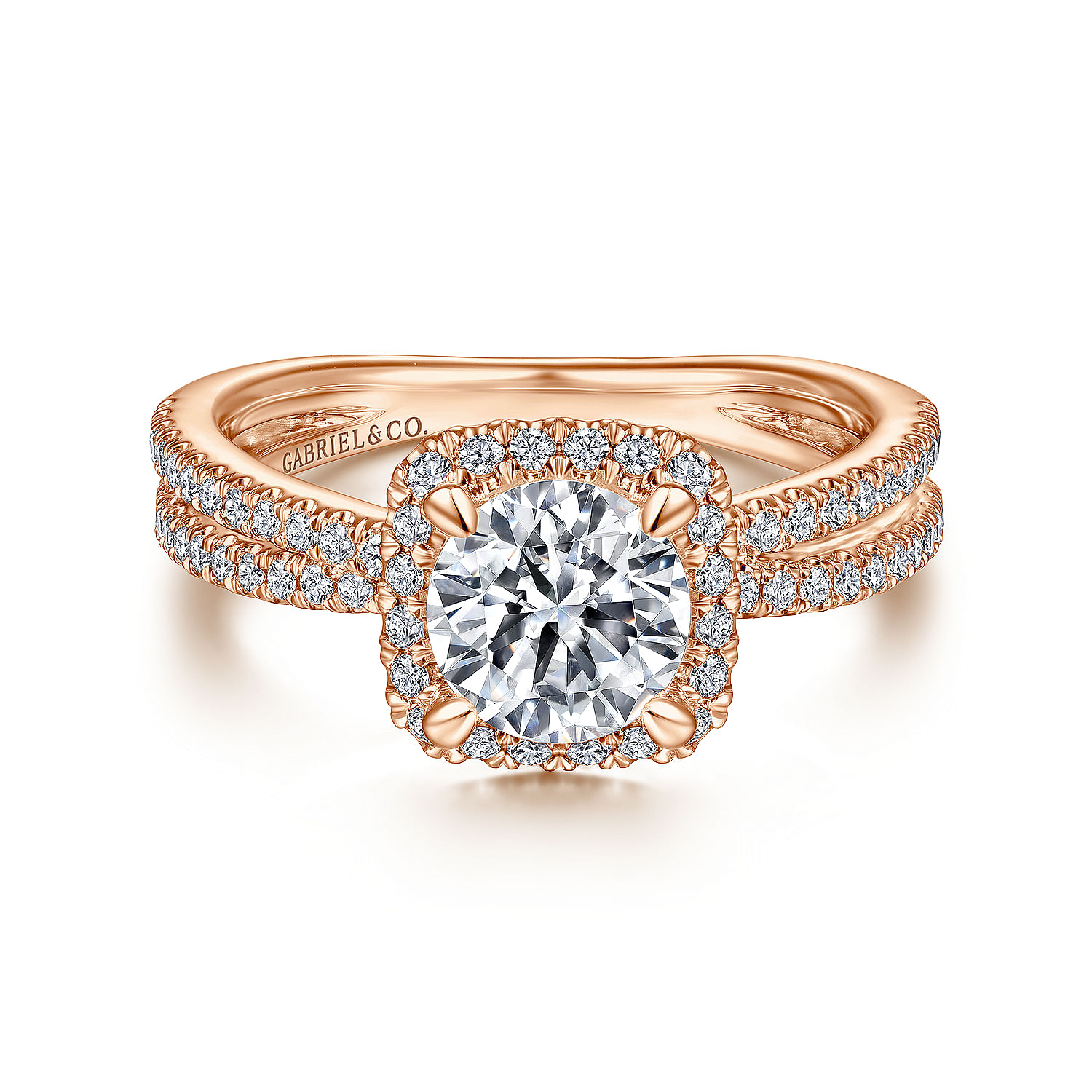 14K Rose Gold Cushion Halo Round Diamond Engagement Ring